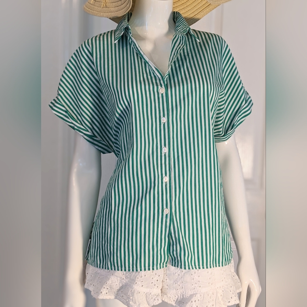 Olivaceous. Green/ White Striped Short Sleeve ,Button Down Shirt,Size Medium.